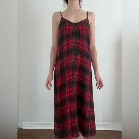 Long red/black plaid spaghetti strap dress